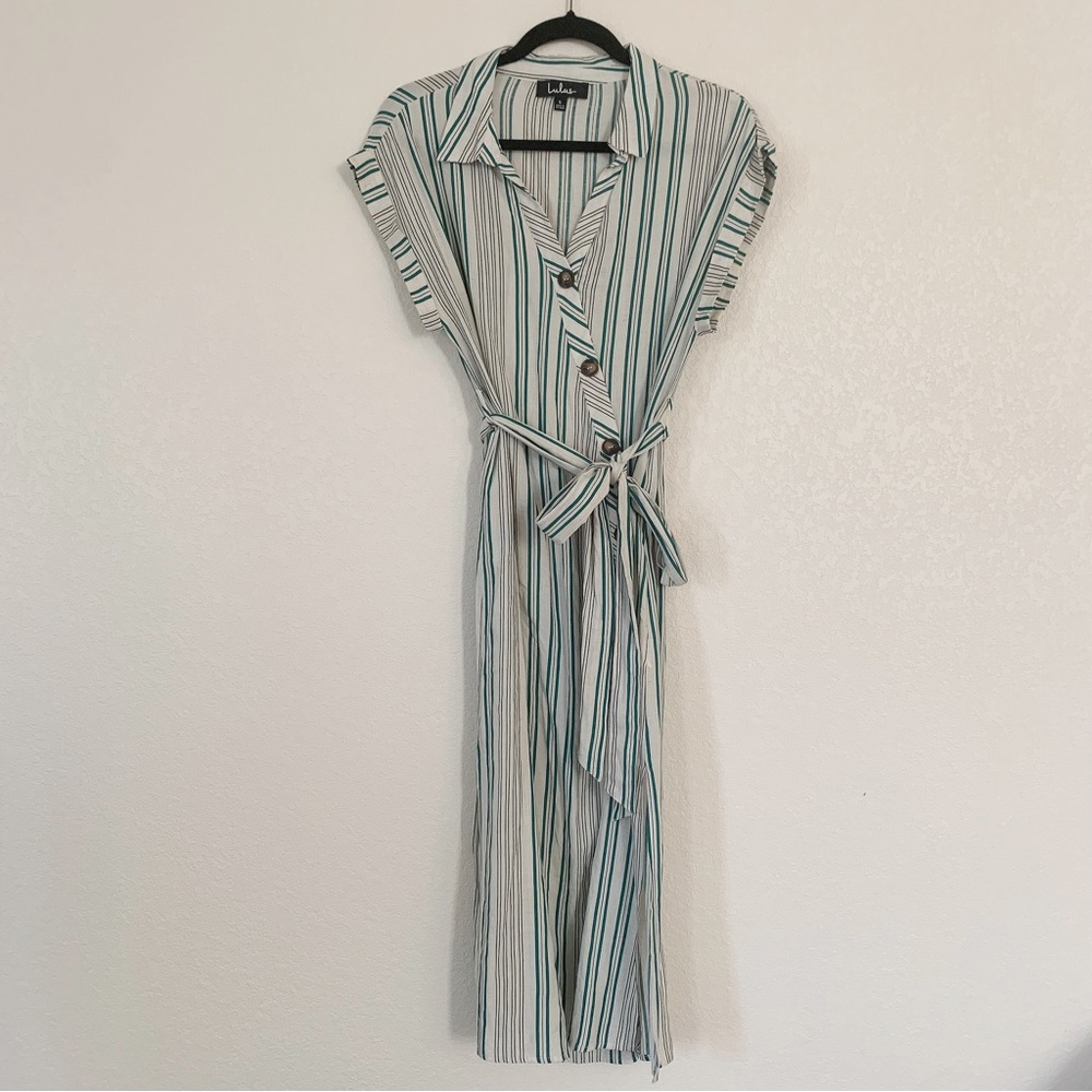 Lulus Green Stripe Linen Slit Button Front Dress Small